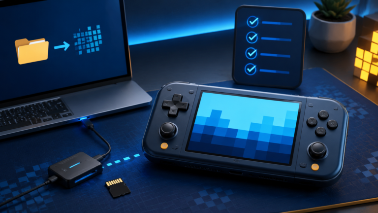 Retro handheld console beside a laptop, microSD card, and setup checklist.