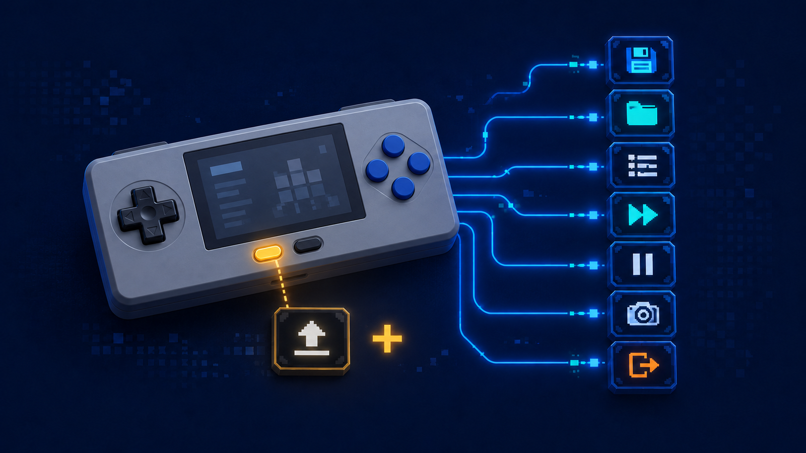 Retro handheld showing RetroArch hotkeys for save, load, pause, fast-forward, screenshot, menu, and exit