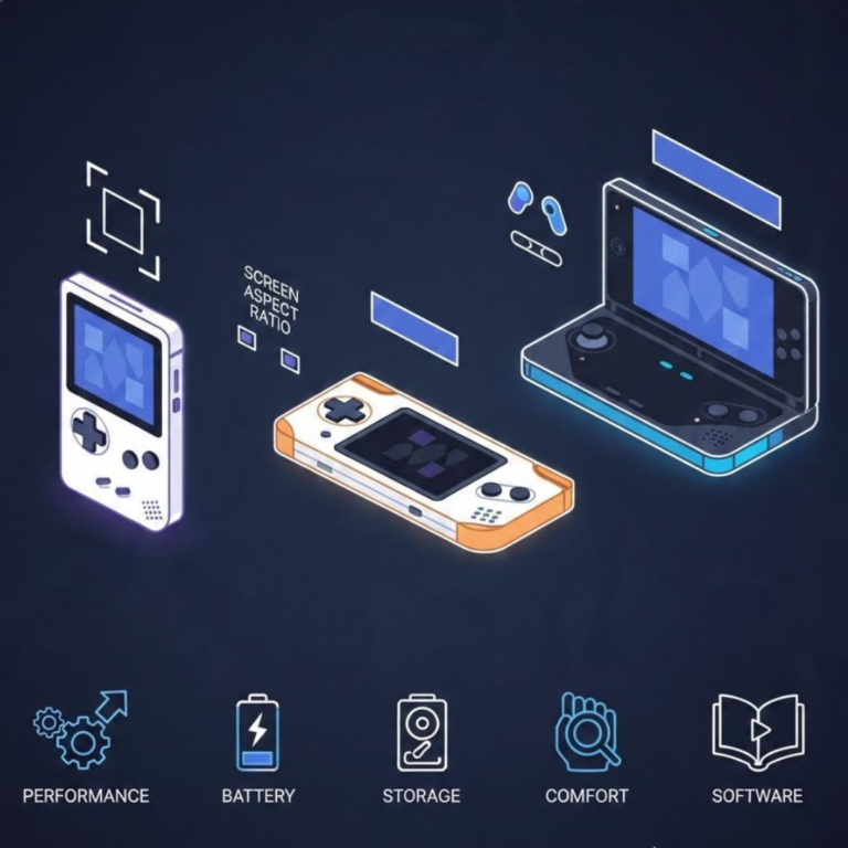 Three retro handheld designs being compared by screen, controls, performance, battery, storage, and software.