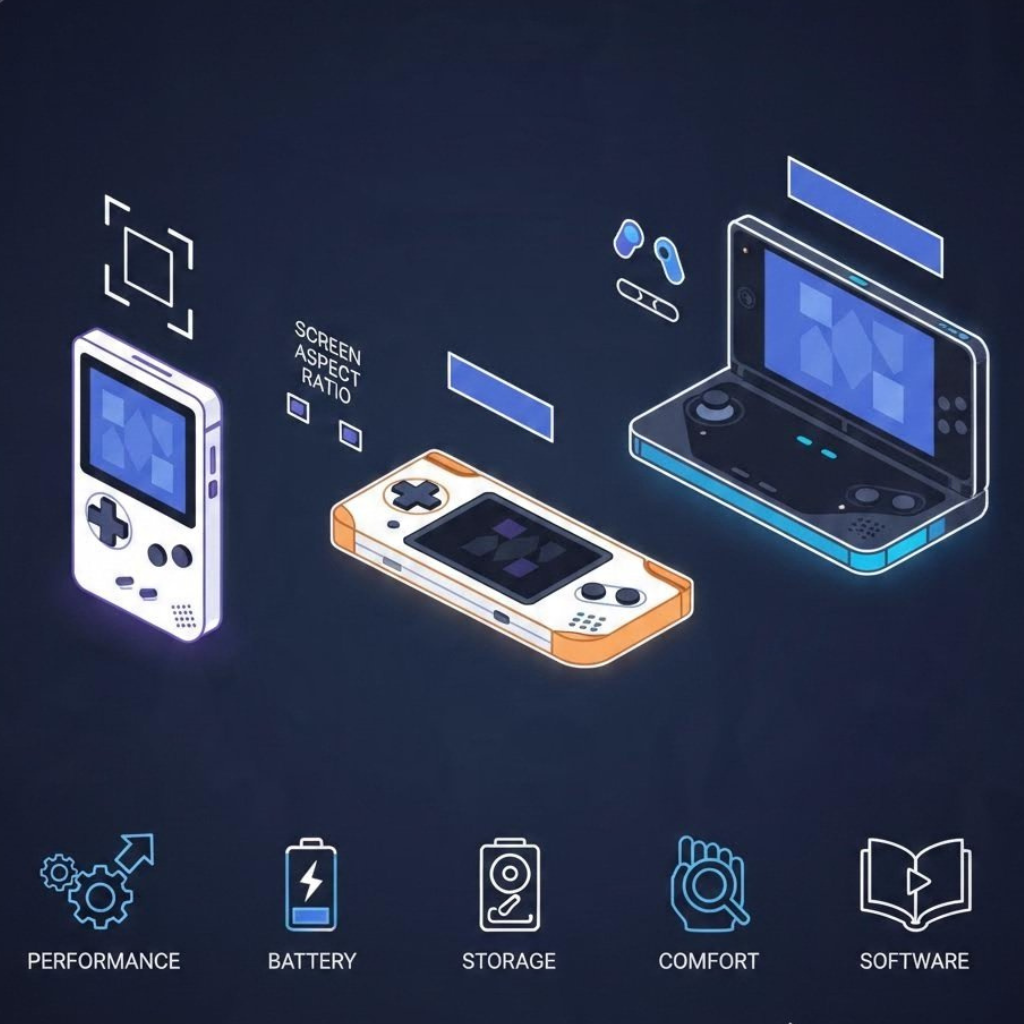 Three retro handheld designs being compared by screen, controls, performance, battery, storage, and software.