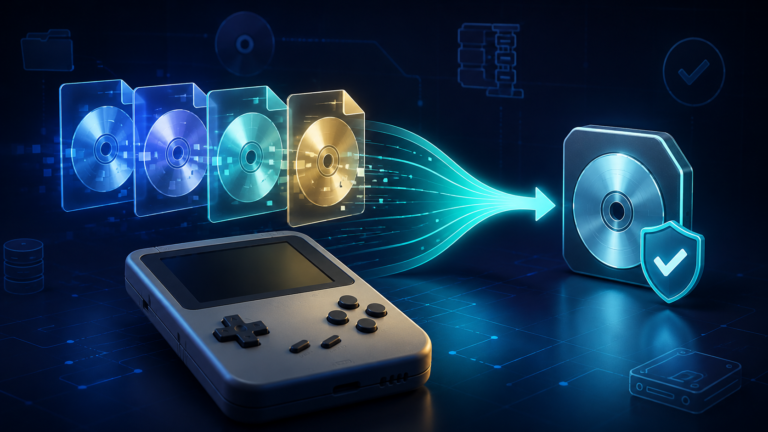 BIN/CUE to CHD conversion illustrated by disc image files merging into a verified archive beside a retro handheld.