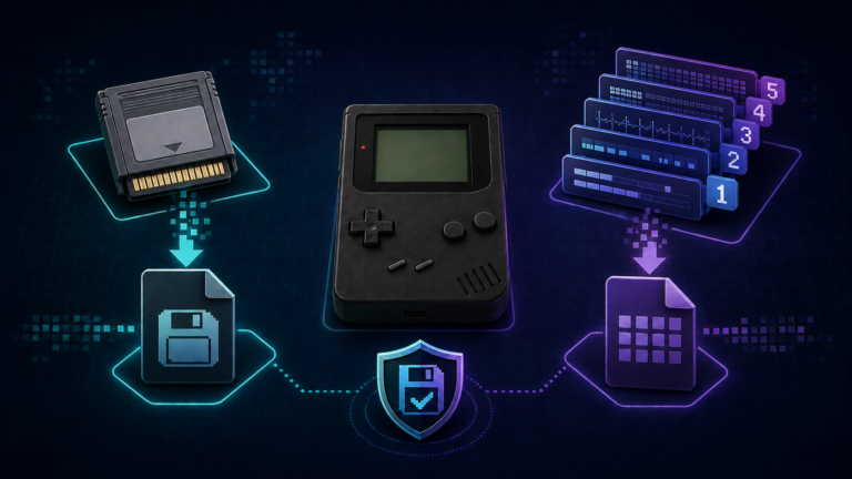 Retro handheld comparing normal save files with numbered save-state slots