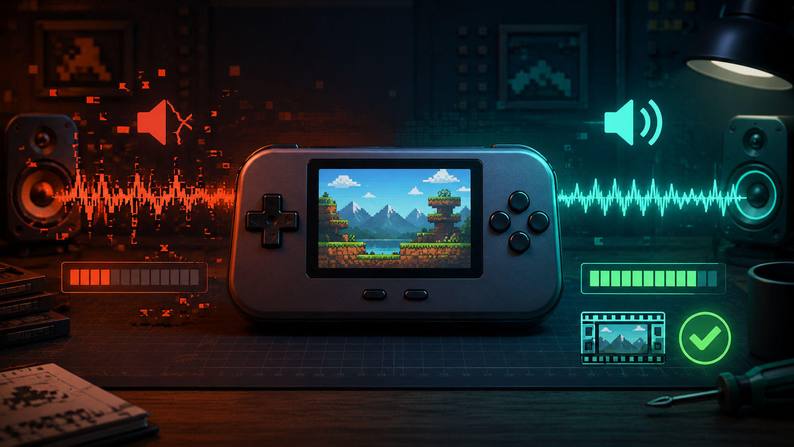 Retro handheld showing distorted audio waves changing into smooth synchronized sound