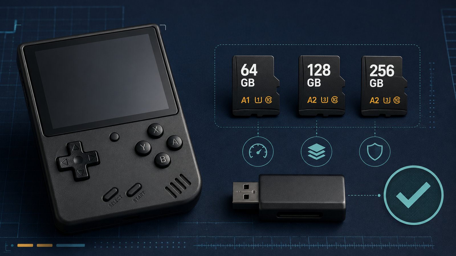 Retro handheld beside 64 GB, 128 GB, and 256 GB microSD cards