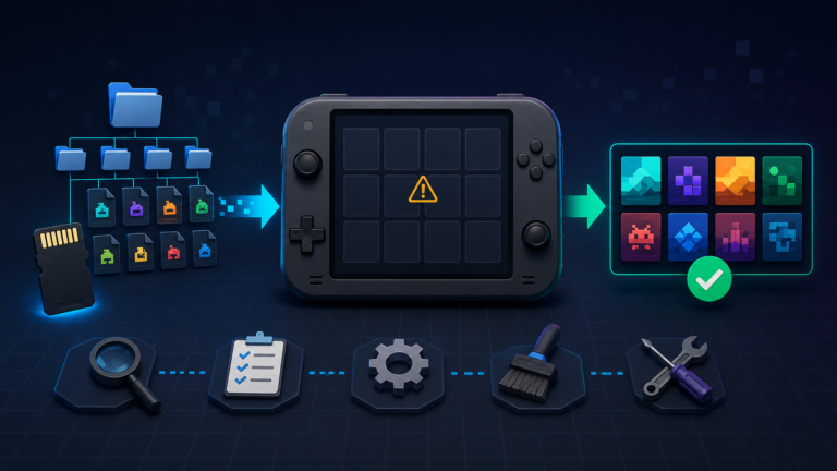 Retro handheld troubleshooting workflow showing game files restored to the device library.