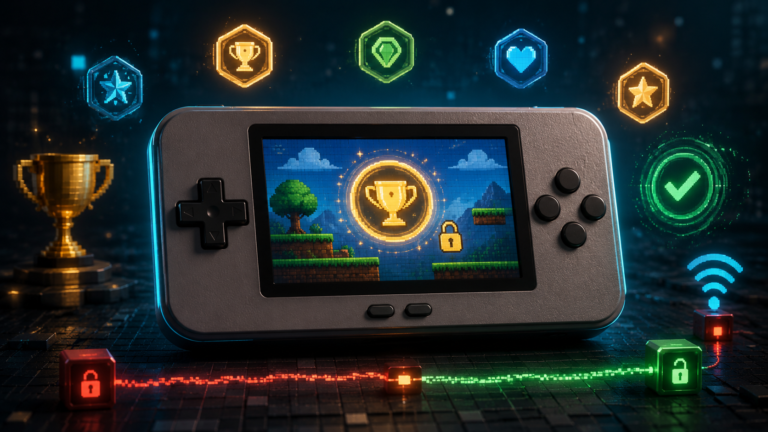 Retro handheld showing a golden achievement trophy, unlocked badges, Wi-Fi connection, and RetroAchievements troubleshooting indicators