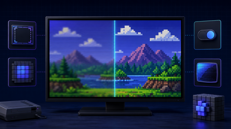 Modern screen comparing blurry retro game scaling with sharp integer-scaled pixels