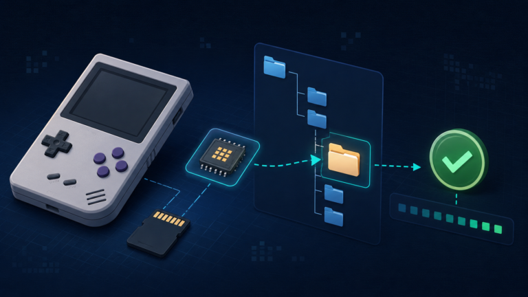Retro handheld BIOS setup workflow with firmware file, system folders, microSD card, and verification check.