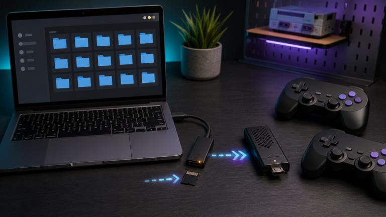 Game files being organized and transferred to a retro game stick microSD card
