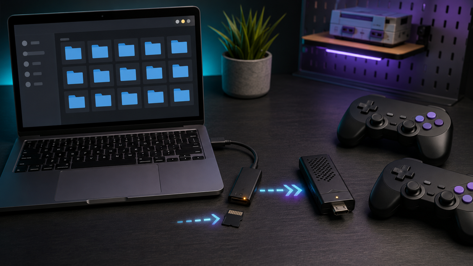 Game files being organized and transferred to a retro game stick microSD card