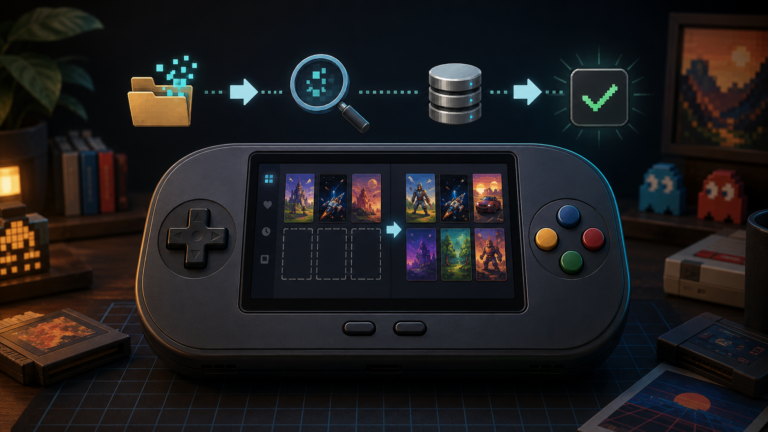 Retro handheld showing missing game playlist entries restored through a RetroArch content scan