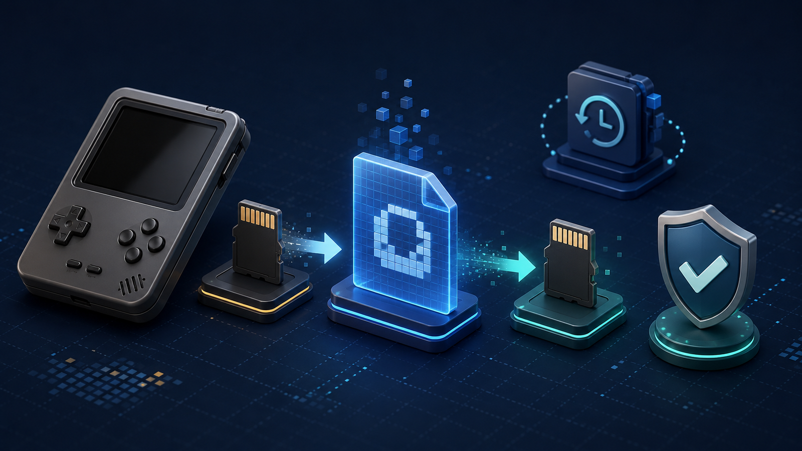 Retro handheld microSD card backup workflow showing an original card, disk image, verified replacement card, and protection shield.