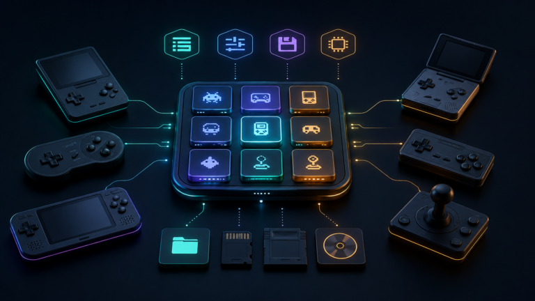RetroArch cores, playlists, settings, and save files connected to retro gaming devices
