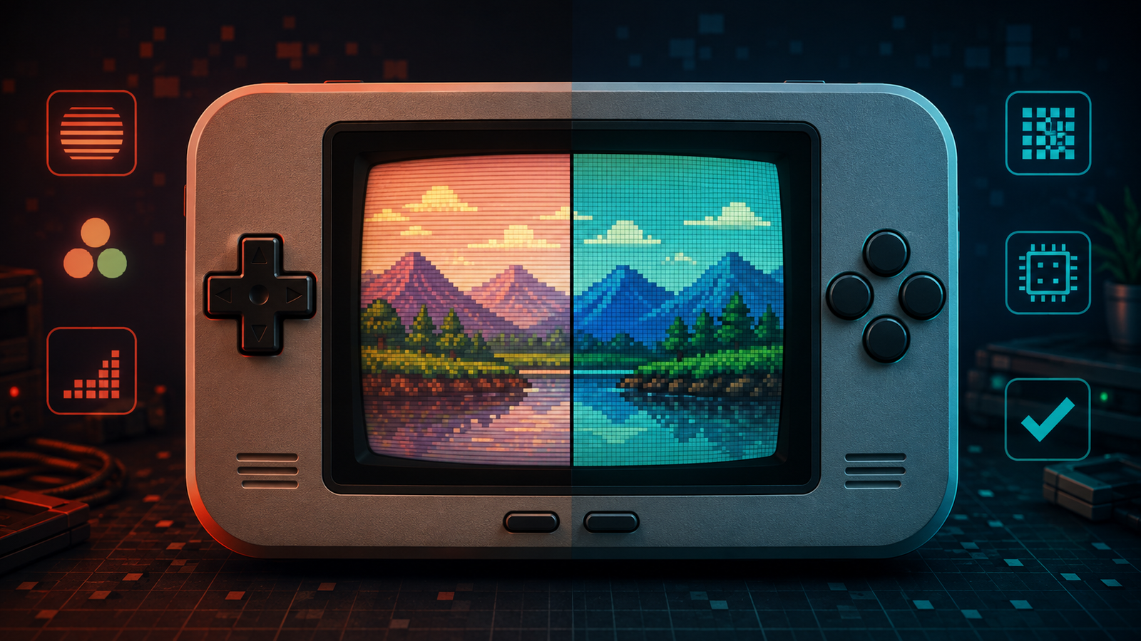 Retro handheld comparing warm CRT scanlines with a sharp handheld LCD pixel grid