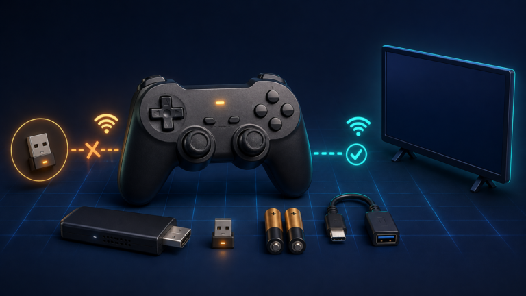 Retro game stick controller with batteries, USB receiver, adapter, and wireless connection troubleshooting indicators.
