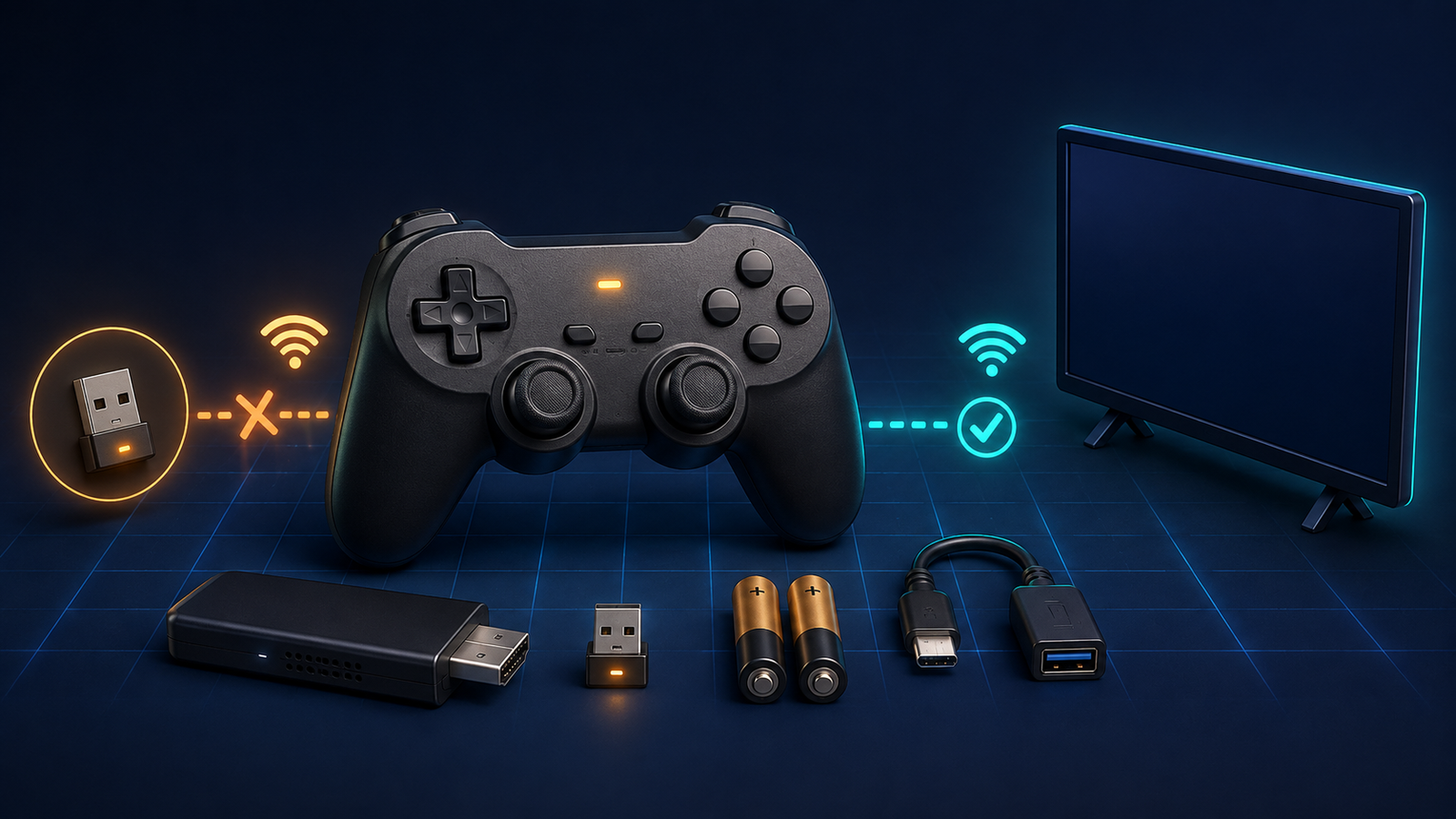 Retro game stick controller with batteries, USB receiver, adapter, and wireless connection troubleshooting indicators.