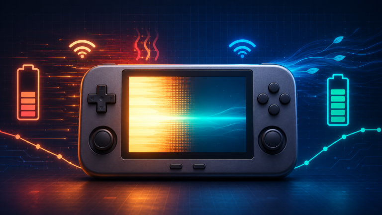 Retro handheld battery draining fast, shown transitioning from high power use and heat to cooler, efficient battery settings.