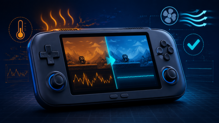 Retro handheld running slow, with heat and unstable frame-rate indicators changing to cooling and stable performance.