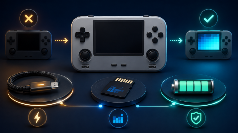 Retro handheld that won’t turn on, shown with charging cable, microSD card, firmware, and battery diagnostic checks.