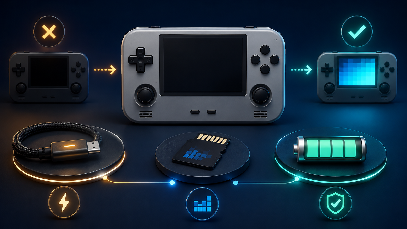 Retro handheld that won’t turn on, shown with charging cable, microSD card, firmware, and battery diagnostic checks.