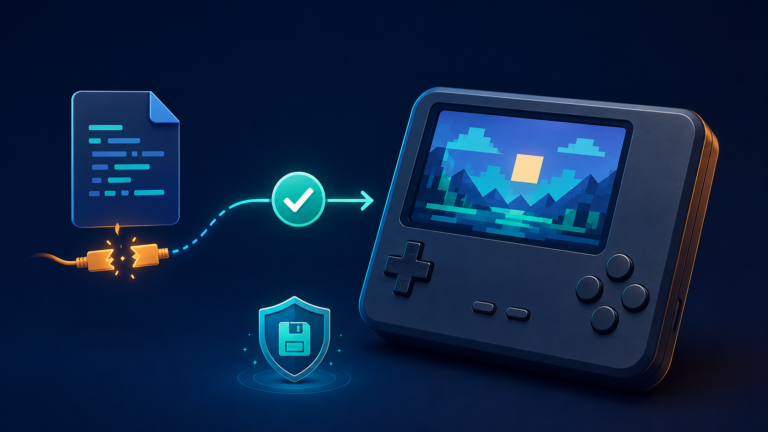 Retro handheld with a cheat-code file, activation checkmark, and save shield illustrating a RetroArch cheats not working fix.