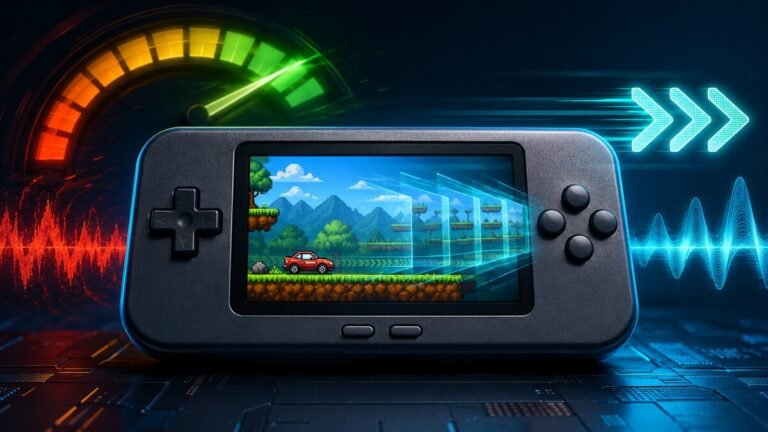 Retro handheld fast-forwarding a pixel-art game with a speed gauge and audio waveform