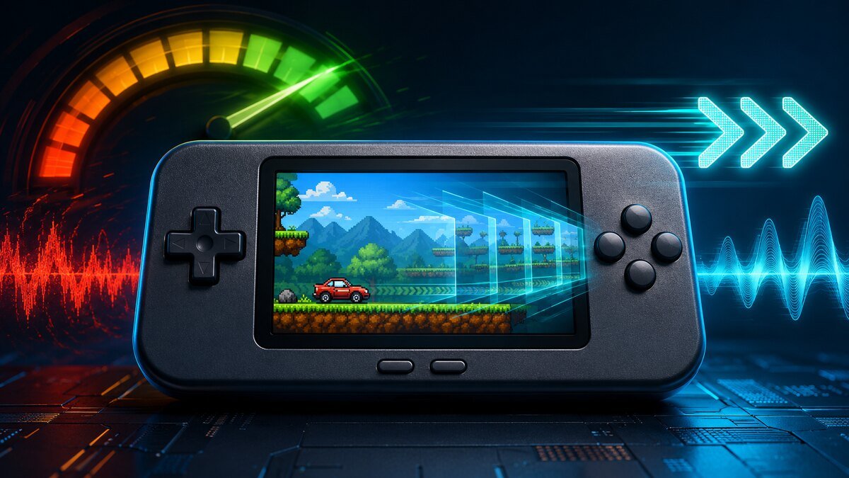 Retro handheld fast-forwarding a pixel-art game with a speed gauge and audio waveform