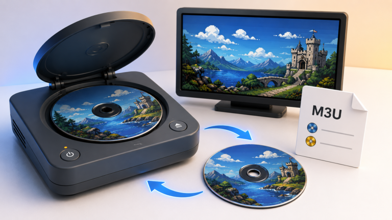 Retro CD console, two game discs, and an M3U file illustrating multi-disc games in RetroArch.
