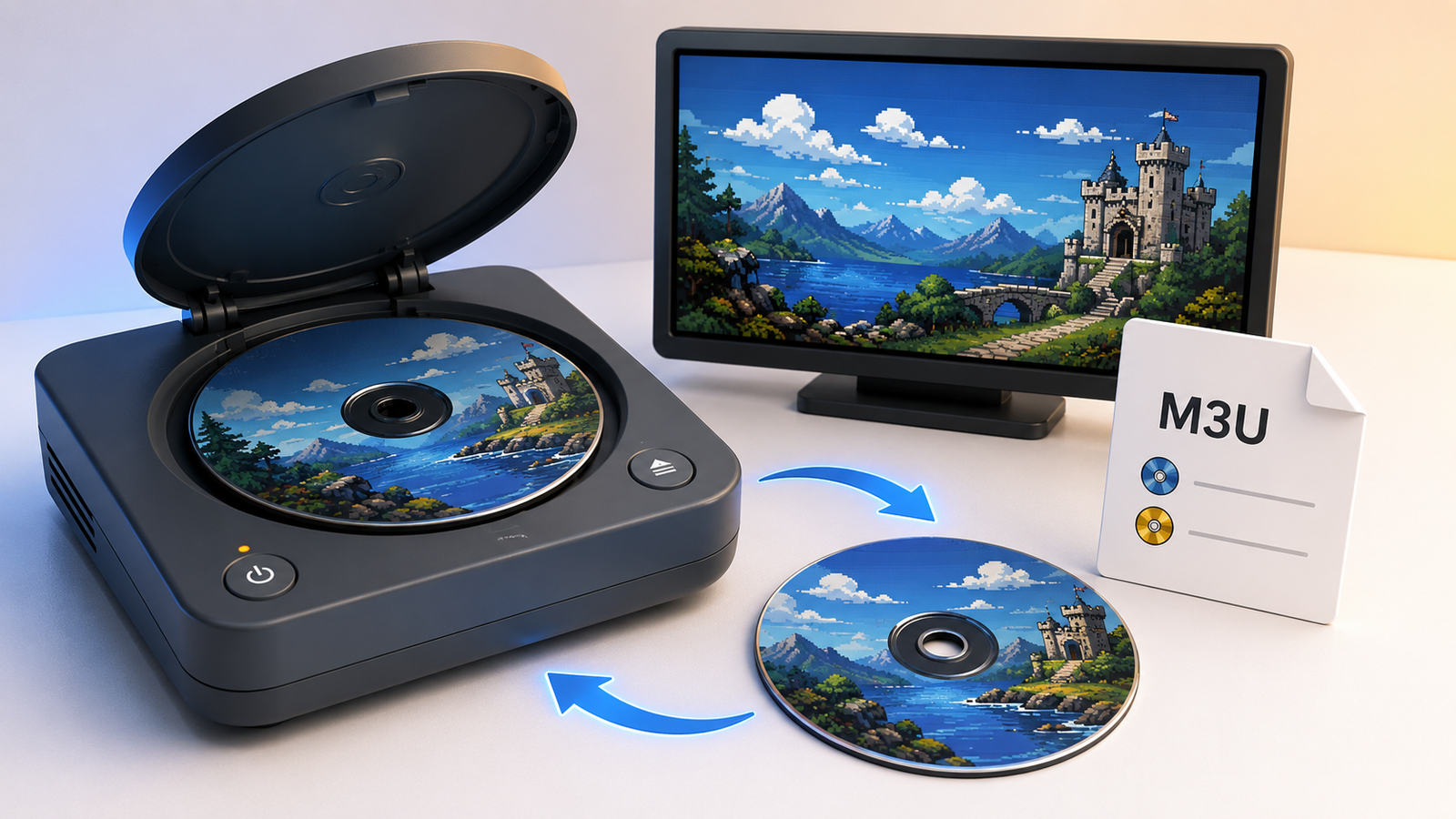 Retro CD console, two game discs, and an M3U file illustrating multi-disc games in RetroArch.