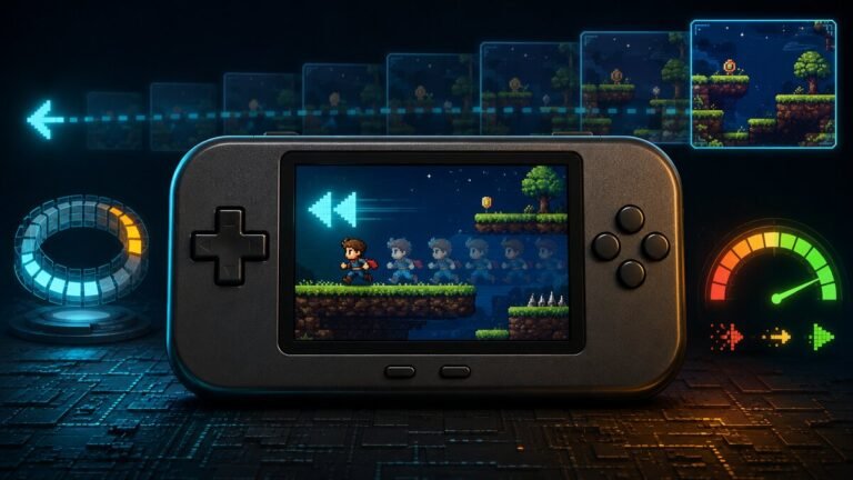 Retro handheld rewinding a pixel-art game with a memory buffer and performance gauge