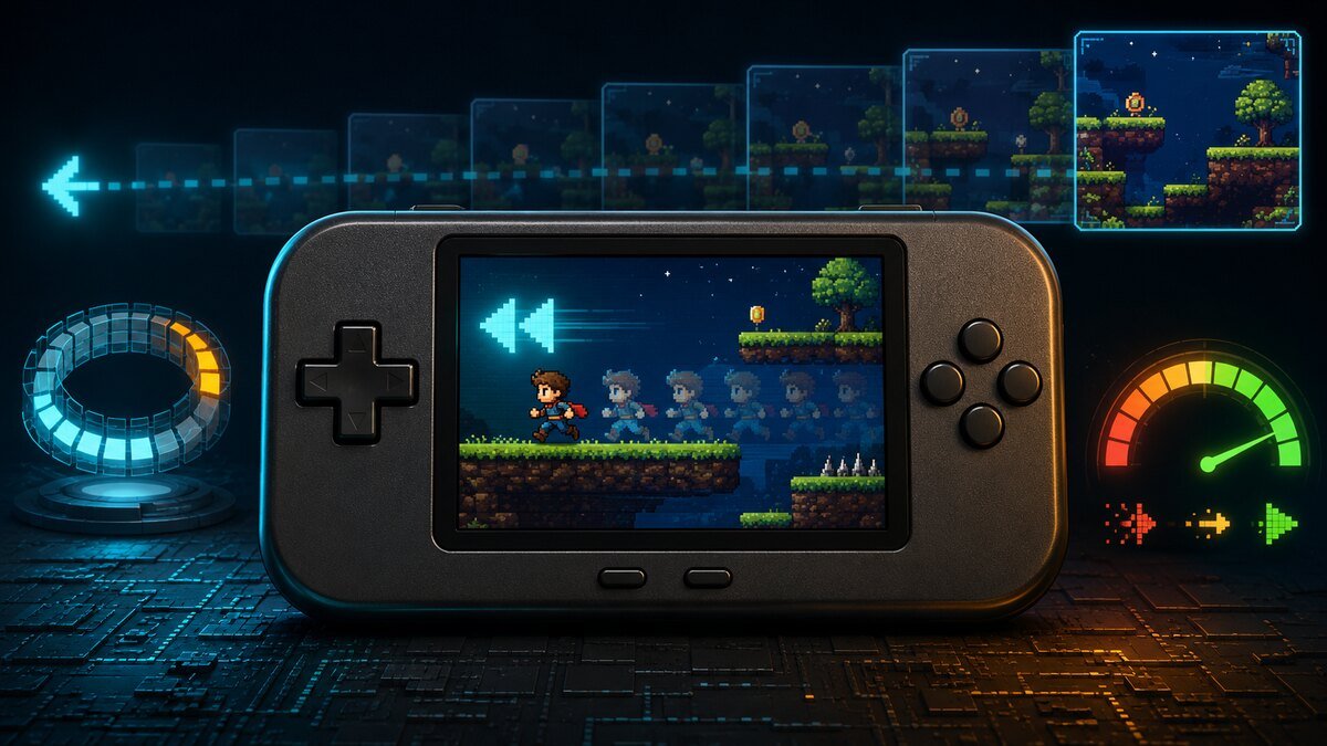 Retro handheld rewinding a pixel-art game with a memory buffer and performance gauge