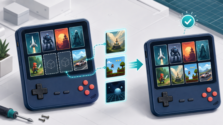 RetroArch thumbnails not showing on a retro handheld before missing box art and screenshots are restored