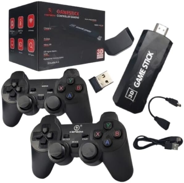GD10 retro game stick with two wireless controllers and accessories