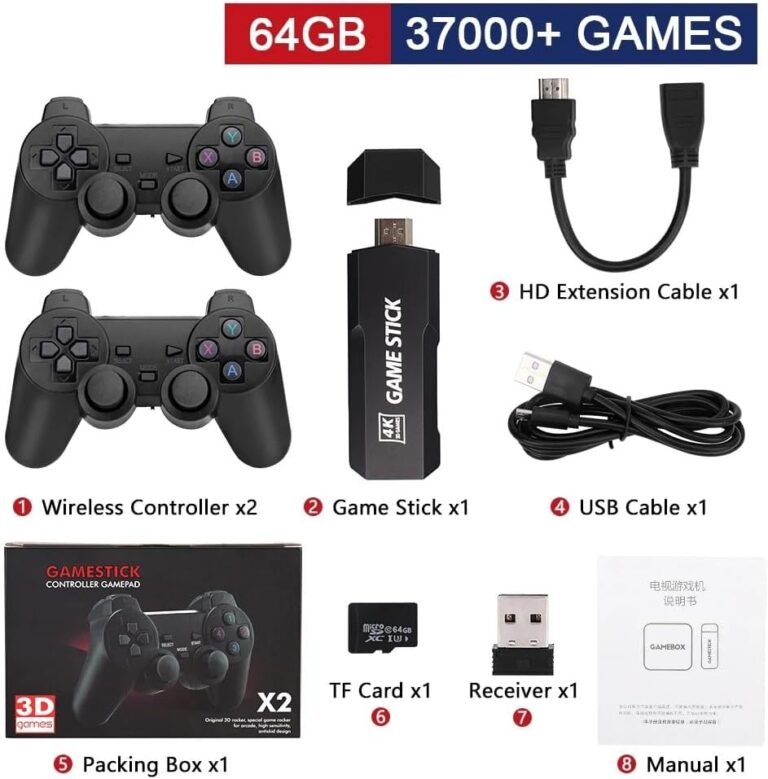 GD10 retro game stick package with two wireless controllers and accessories