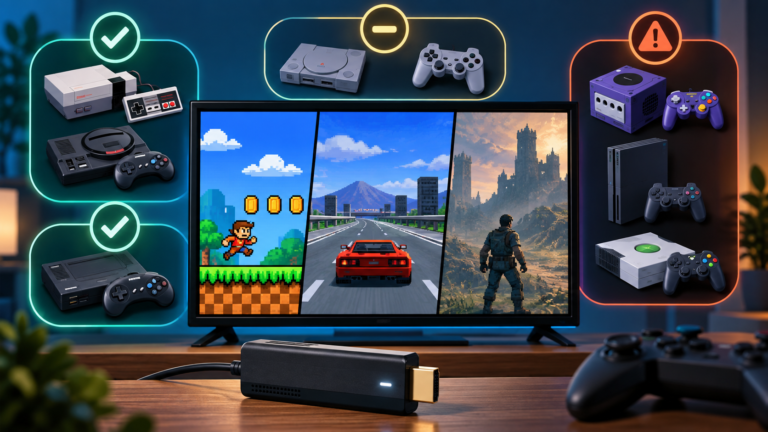 Retro game stick connected to a TV with console generations showing different emulation expectations.