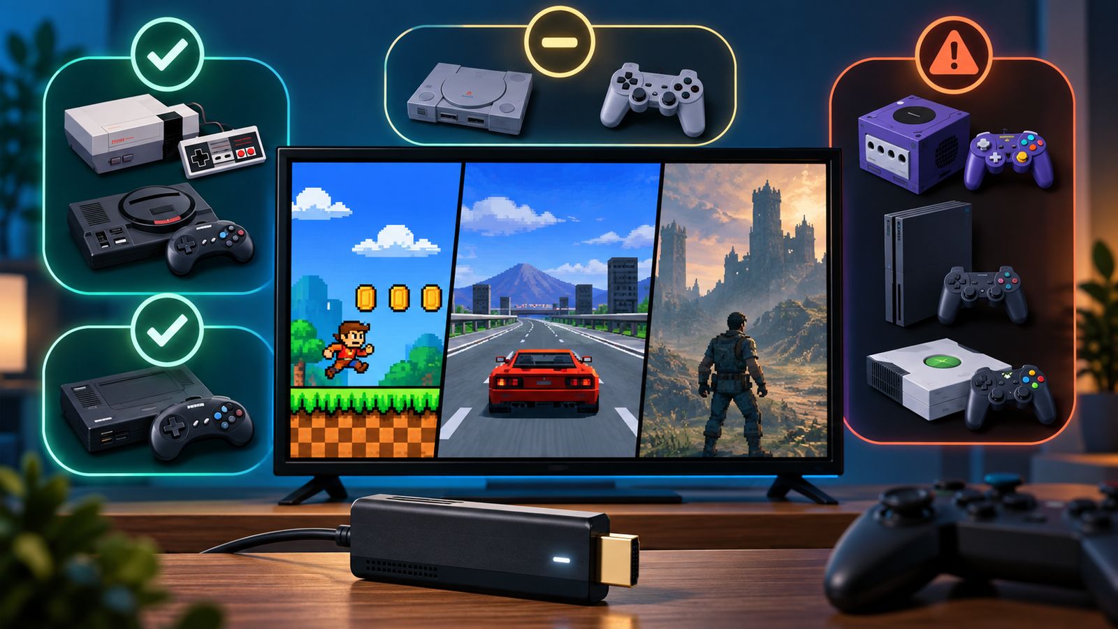 Retro game stick connected to a TV with console generations showing different emulation expectations.