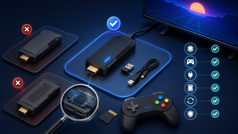 Three retro game sticks compared by hardware, controller support, power, storage, recovery, and warranty.