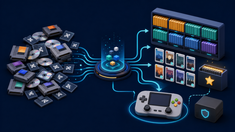 A large retro game library being organized into platform folders, metadata collections, favorites, and a backup.